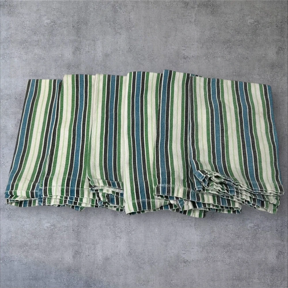 Lot of 6 - Pier 1 Imports Cotton Napkin Green Teal Black White‎ Striped